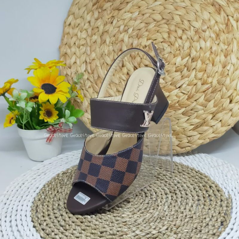 Sandal Tali belakang elvi damier hak tahu High heels cokelat Heels wanita  Pd318