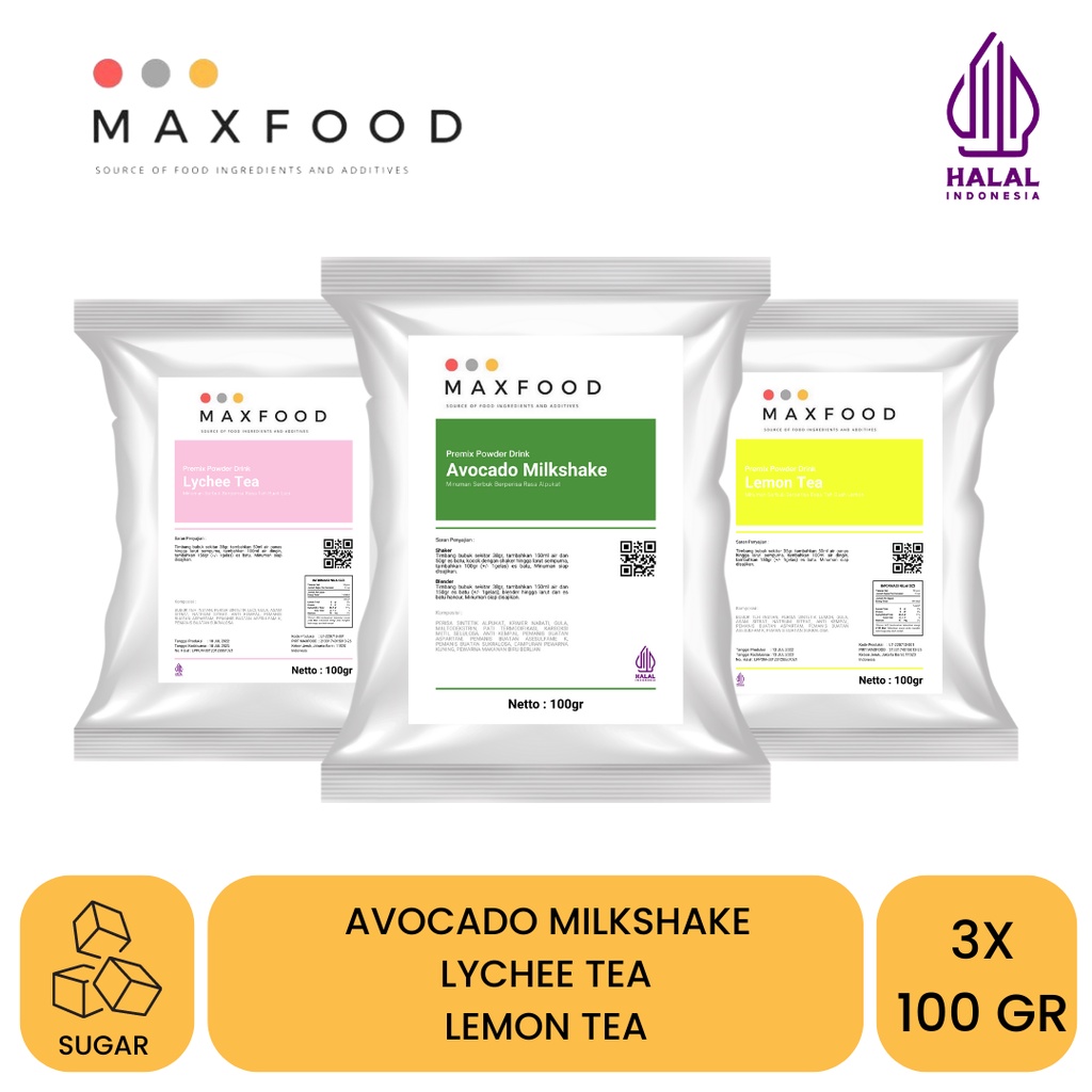 

MAXFOOD - Combo Bubuk Minuman 3 - Avocado Milkshake, Lychee Tea, Lemon Tea (100 Gr X 3)