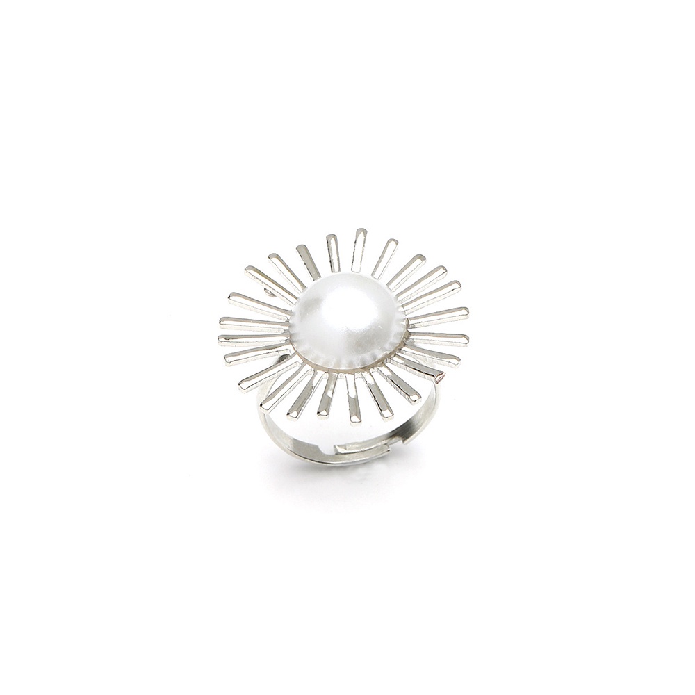 Cincin Model Terbuka Desain Bunga Aksen Mutiara Warna Silver Gaya Korea Untuk Wanita