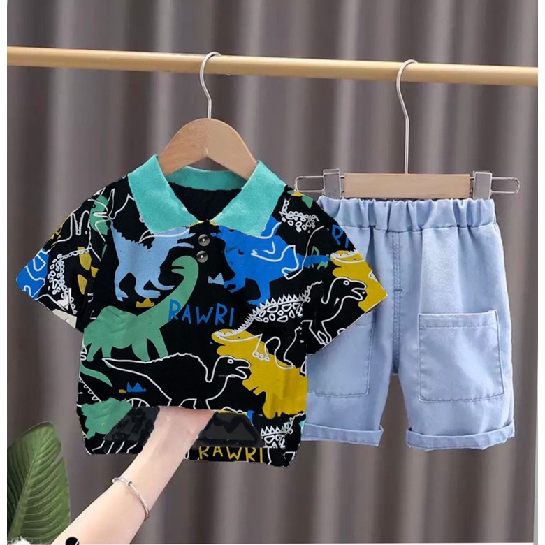 trendy setelan baju polo celana jeans bayi anak motif dinosaurus denim usia 6 bulan-5 tahun best quality terbaru terlaris/ setelan baju polo celana jeans bayi anak laki-laki/ setelan baju polo celana jeans bayi anak perempuan/ kaos polo celana denim anak