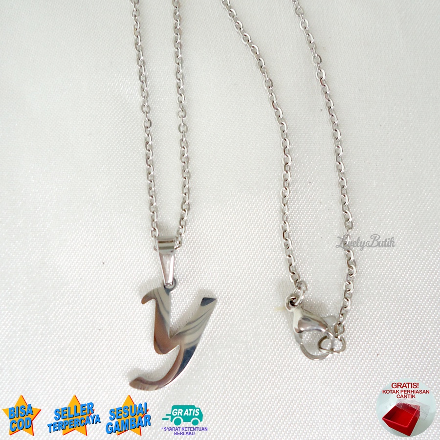 Lovelybutik Kalung Titanium Inisial Abjad Latin4 Kalung Alfabet Huruf H,M,P,Y Bahan Titanium Warna Silver Bonus Kotak Perhiasan