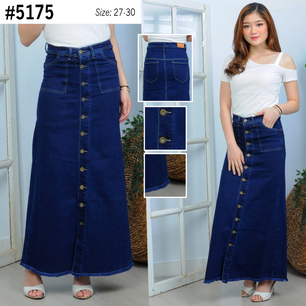 MC girl Rok Panjang Jeans Full Kancing Rawis Wanita / Rok Panjang Kancing Depan Rumbai Cewek