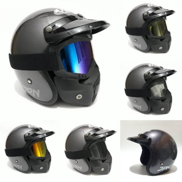 Helm Bogo Jpn Retro Abu gunmetal Gloss Dengan Goggle mask