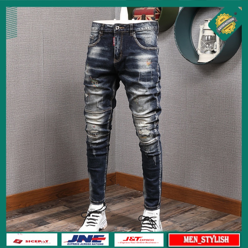 Celana Jeans Panjang Pria Fashion Streetwear  Slim Fit Elastic Destroyed Ripped Denim Trousers Paint