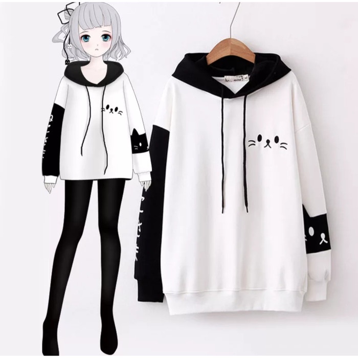 jaket wanita [Sweater hoodie cat RO]Sweater wanita babytery white/black - Putih pakaian wanita parka