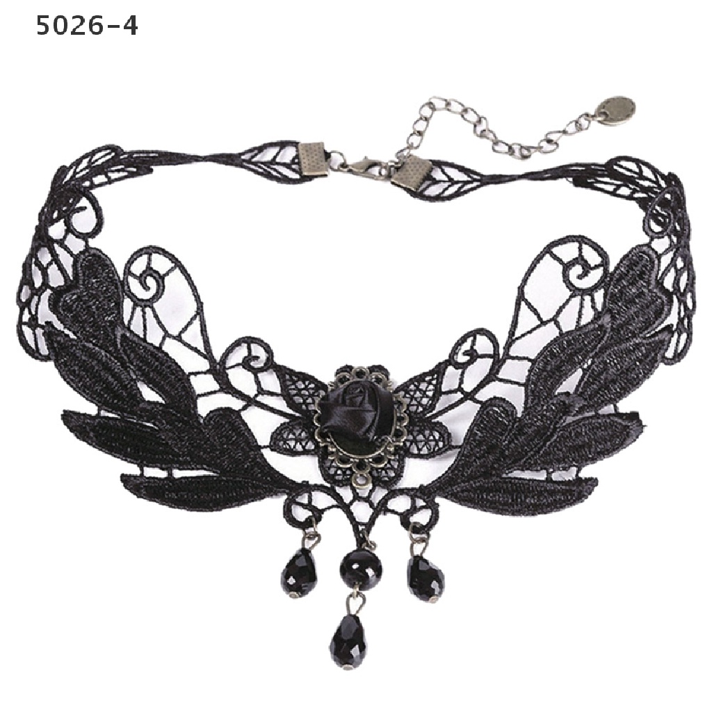 5026-4 Kalung Choker Lolita Bahan Lace Dengan Liontin Bunga Mawar Hitam Untuk Wanita