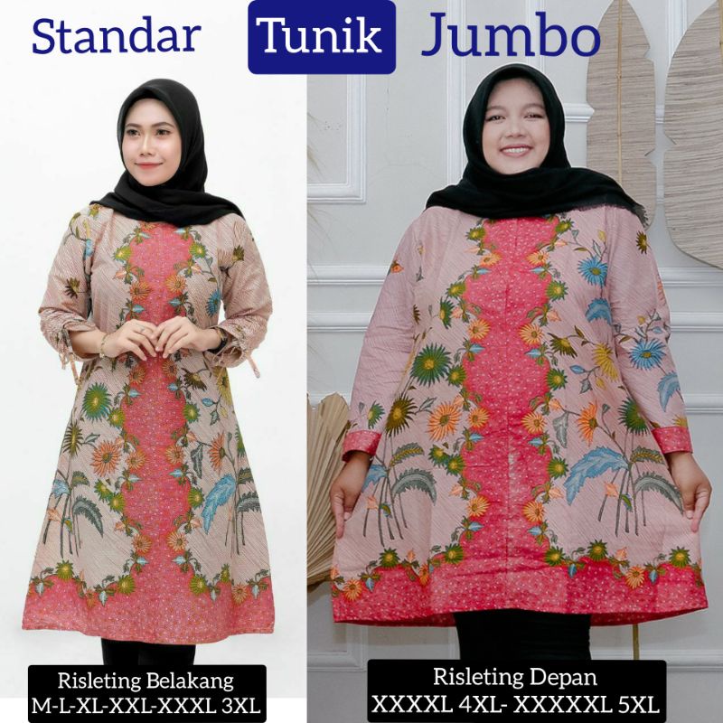 TUNIK ATASAN JUMBO WANITA BIGSIZE SUPER BESAR BAJU KANTORAN TUNIC MUSLIMAH BUSUI RISLETING DEPAN DAN BELAKANG SIZE M L XL XXL XXXL 3L XXXXL 4L 5L 6L LD 120 130 140 150CM SERAGAM KANTORAN MOTIF BATIK KIPAS KENARI ENCIM NDOG GEMEK ALDEBARAN KATE IJO SOGAN