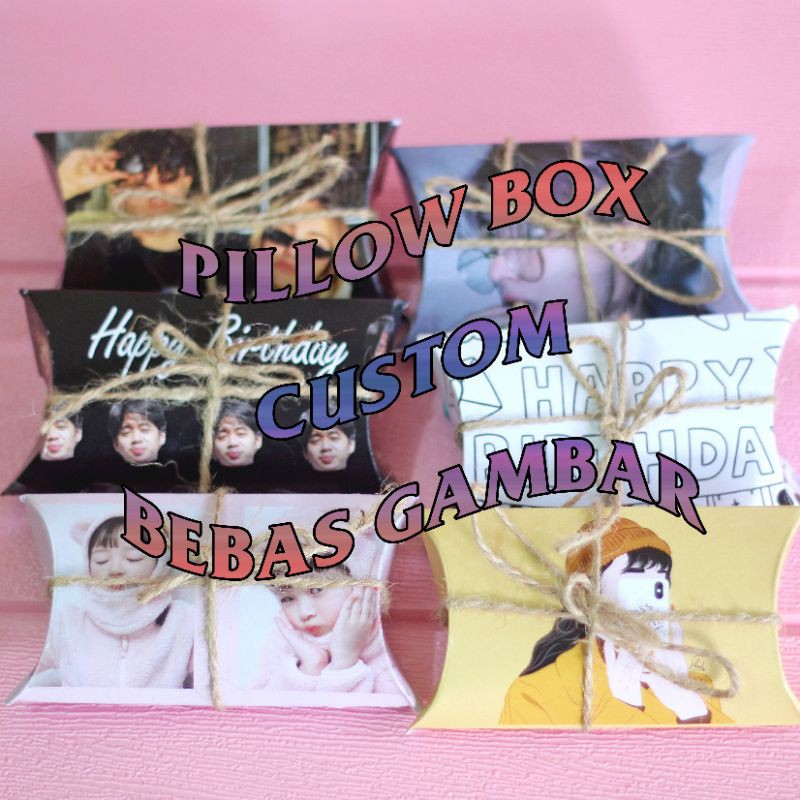 [Bisa COD] Packaging Pillow Box Custom Bebas Gambar + Tali Rami