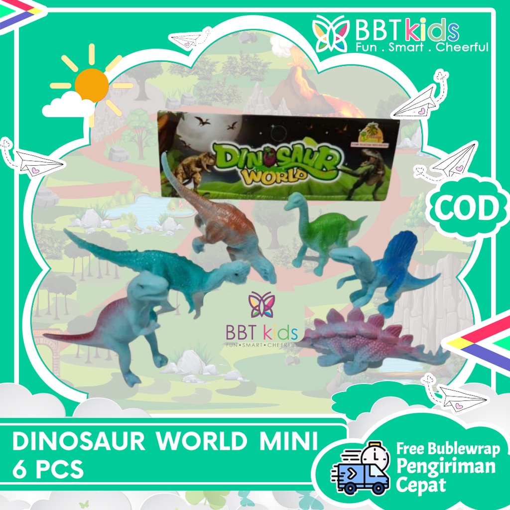 MAINAN DINOSAURUS MINI KARET 6 PCS DUNIA DINOSAUR WORLD ALAM BEBAS