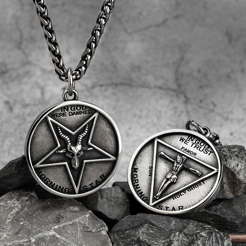 ♛✵Gothic Lolita Pentagram Lucifer Kalung Retro Fashion Pria Liontin Baja Titanium Panjang Sweater Ra