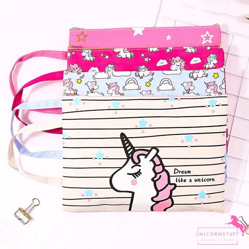 Map Kain Unicorn A4 Anak Sekolah Pouch Make Up Kertas Resleting