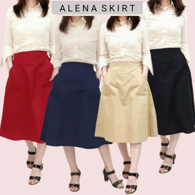Rok Wanita Midi Skirt Katun Polos Model A Line Panjang 7/8, Alena Skirt#