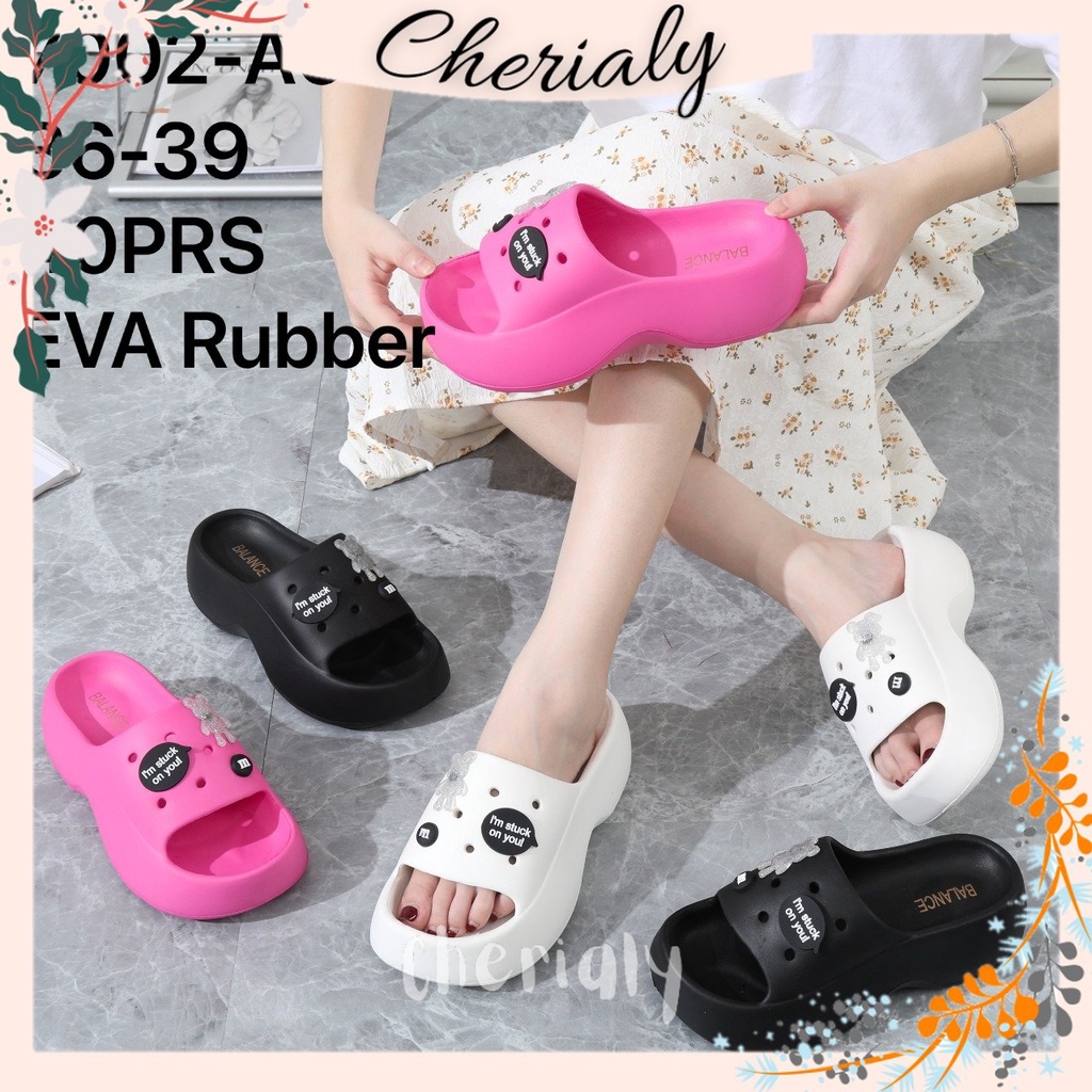 EVA Sandal Wedges Wanita Import Bahan Spons Rubber Super Ringan Empuk Elastis Tinggi 5 Cm Anti Slip Tebal Motif Stuck On You BALANCE 7002-A6