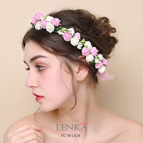 (BISA GOSEND) FLOWER CROWN PESTA WEDDING PINK WHITE BANDO BUNGA ANAK FCW004