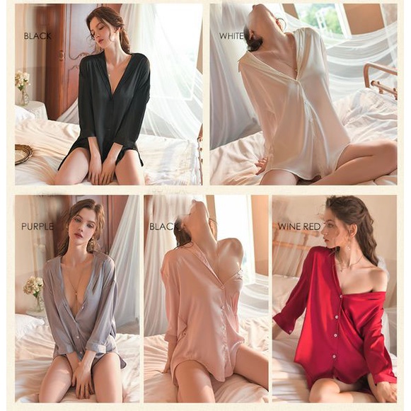 Baju Tidur Wanita Kancing kemeja Lingerie Sexy New Baju Tidur Satin Boyfriend Piyama A555