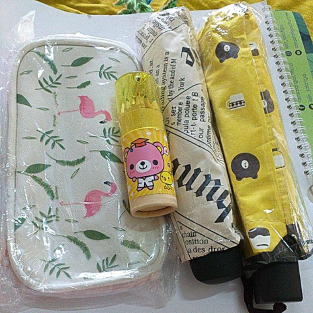 Payung Lipat Karakter Polkadot Line Brown / Payung Lipat Premium Karakter Lucu Imut Unik Polkadot
