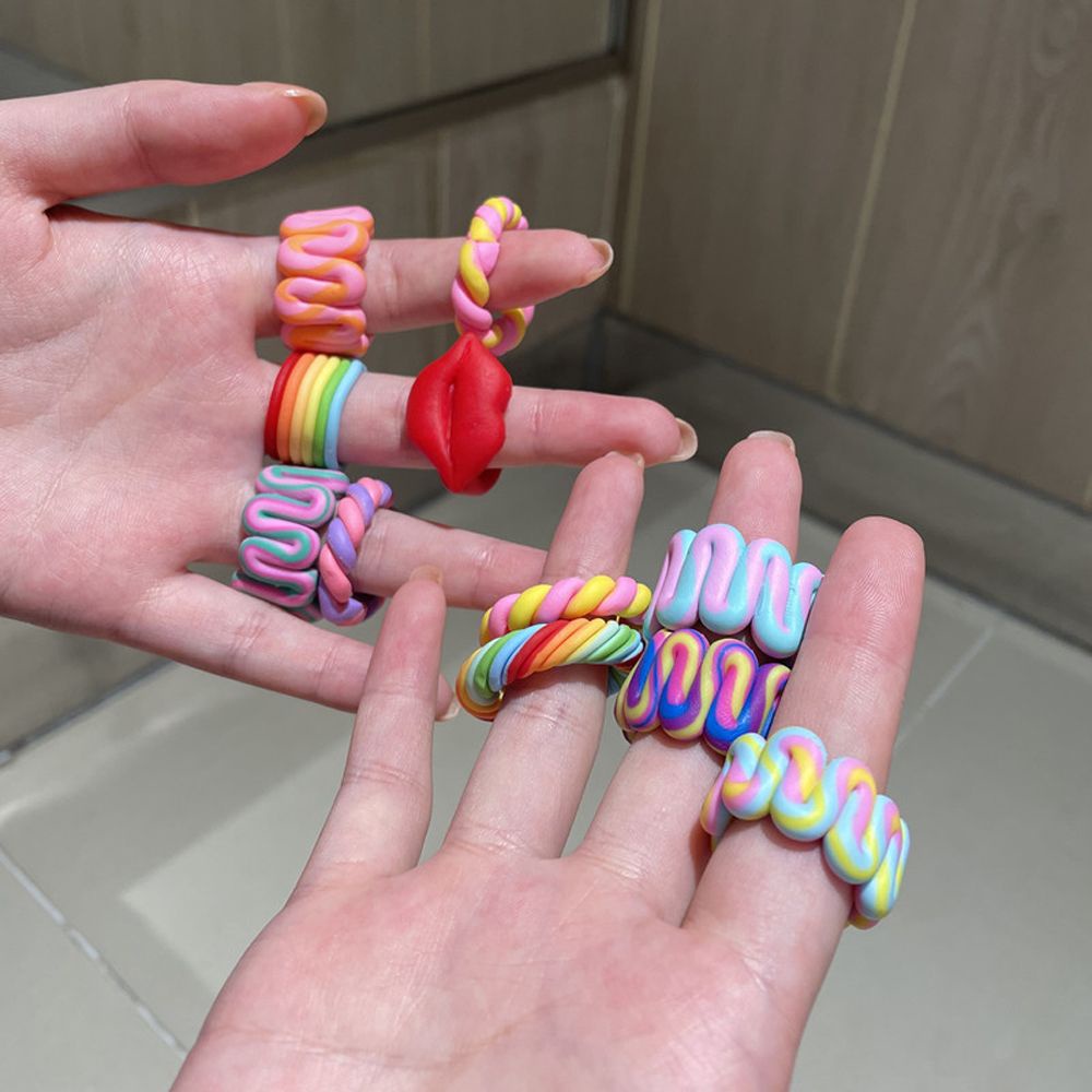 Needway  New Clay Ring Retro Colorful Finger Rings Trendy Clay Bohemia Stripe Geometric Gifts Fashion Jewelry