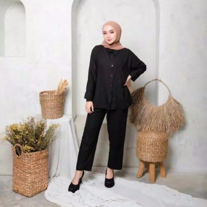 Setelan Piyama Polos Lengan Panjang Wanita Kekinian Bahan Rayon Premium-1