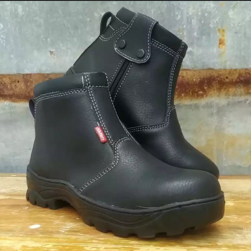 Sepatu Safety Boot Resleting King Skn Terlaris Hitam Ujung Besi Kerja Pabrik Proyek Dapur Pkl Kulit Sintesis Impor Sepatu Safety Resleting Hitam