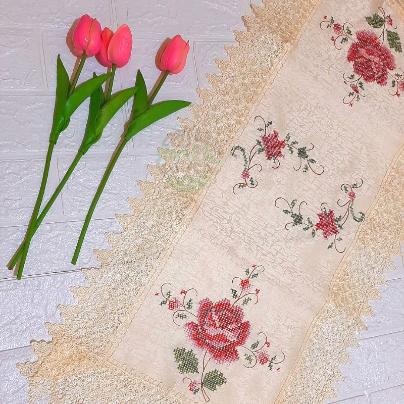 Taplak Meja Tamu Sulam Strimin Renda 40x90 cm Table Runner Vintage Table Cloth Cross Stitch