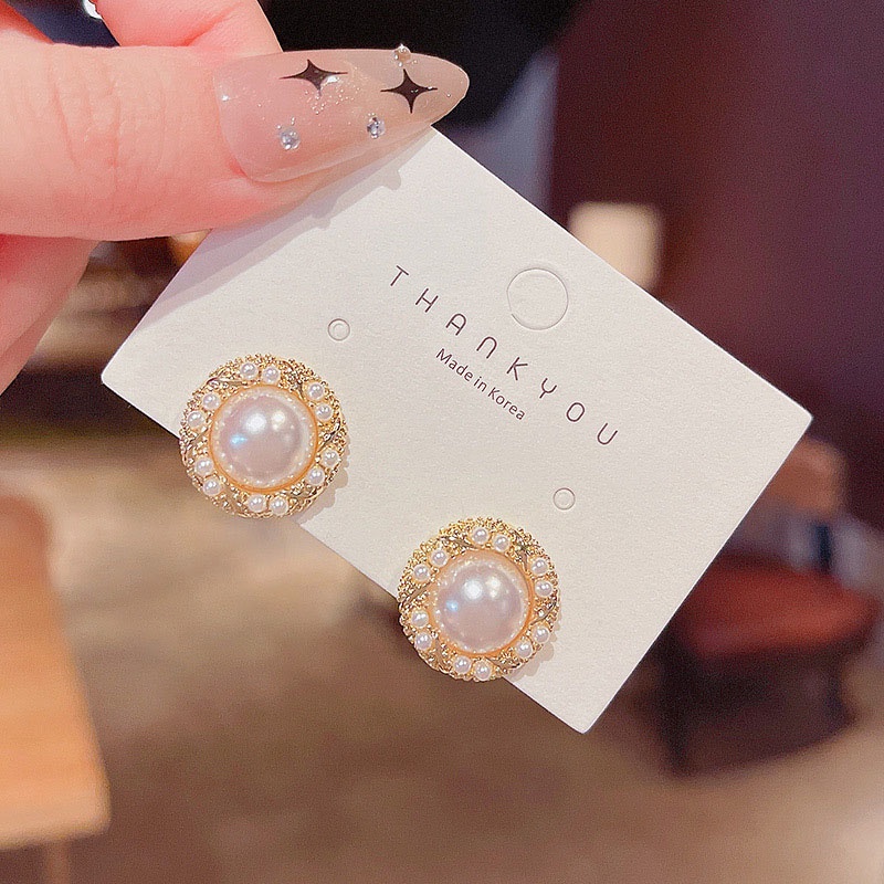 Anting Stud S925 Silver Needle Bentuk Bulat Aksen Mutiara Untuk Wanita