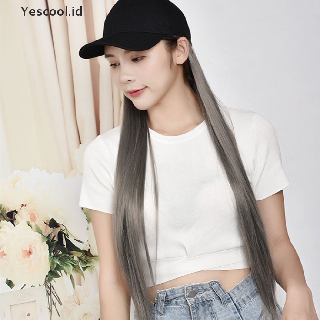 Topi Baseball Dengan Rambut Palsu Panjang Lurus Bahan Sintetis Untuk Wanita