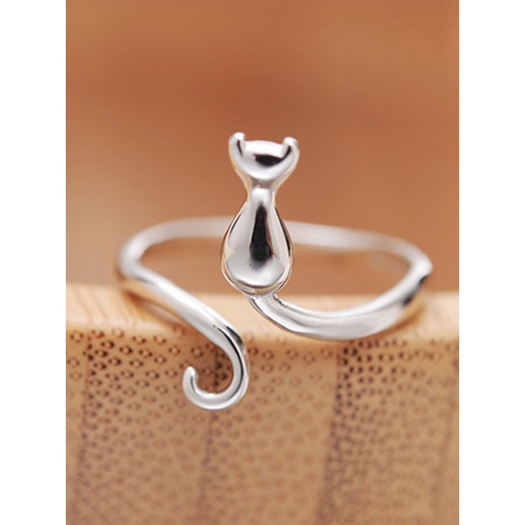 Cincin Handmade Adjustable Desain Kucing Warna Silver Untuk Wanita