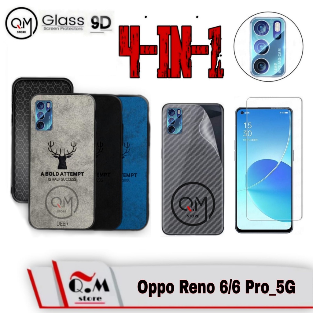 PAKET 4-IN1 Case Deer Oppo Reno 6 / Oppo Reno 6 Pro 5G 2021 Softcase DEER TPU Bermotif Rusa Jens