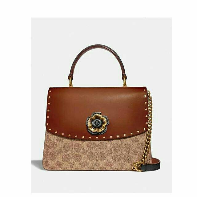 Tas Coach Parker Top Handle Signature Tan Rust with Rivets Original