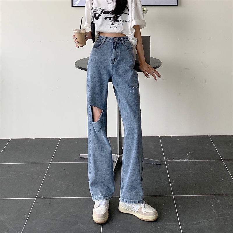 Celana HW jeans wanita/celana sobek lutut/celana jeans Loose wanita