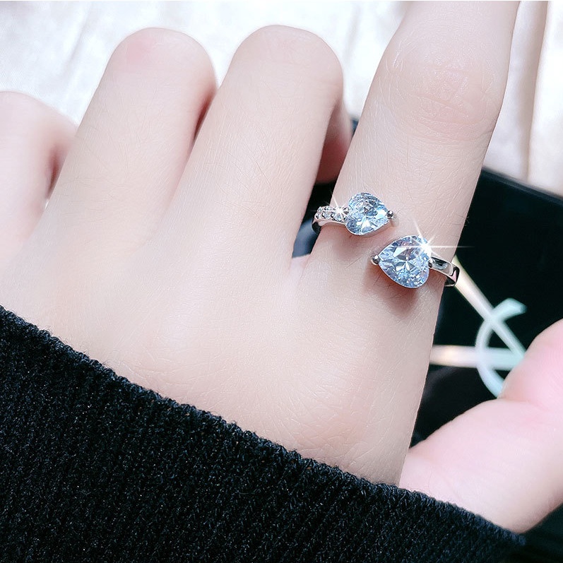 Gaya Korea Baru Dapat Disesuaikan Cinta Cincin Kristal Penuh Berlian Terbuka Cincin Cinta Hati Wanita Cincin Hadiah