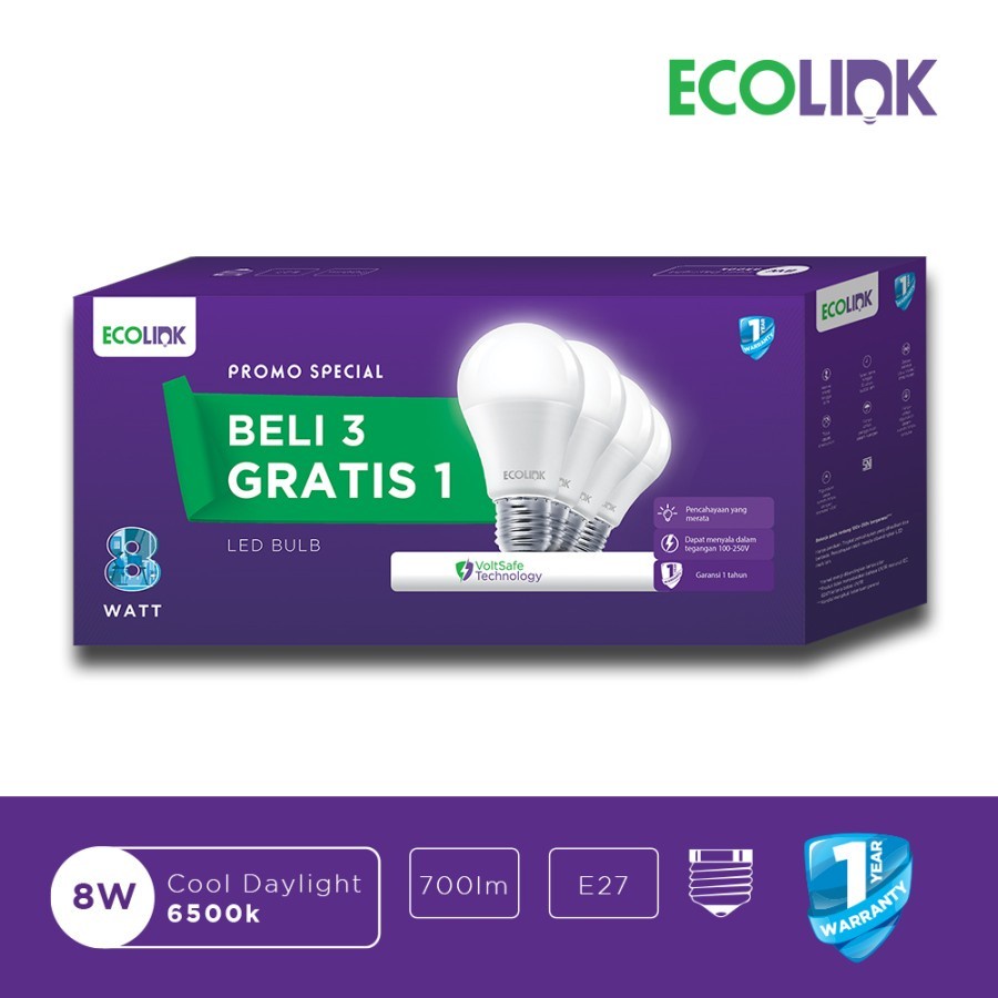 Lampu Bohlam Ecolink 3 Free 1 LED Bulb Multipack 8W Putih - 8Watt 8 Watt