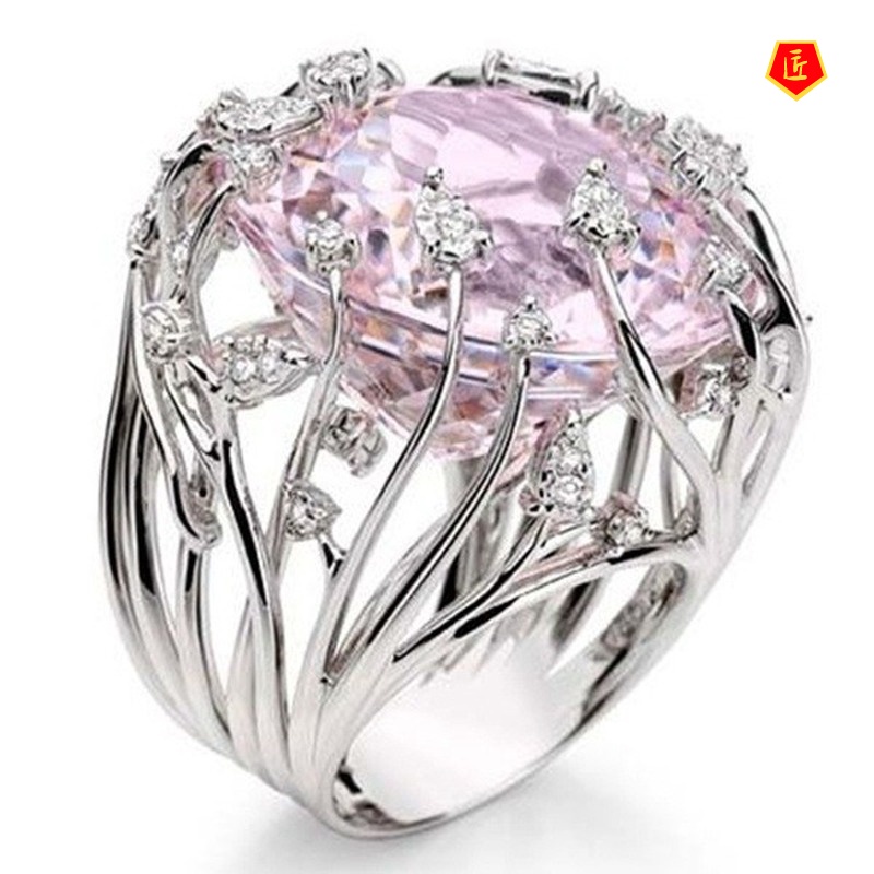 [Ready Stock]Inlaid Pink Crystal Ring Female Sweet Creative Exaggerating Branch Shape