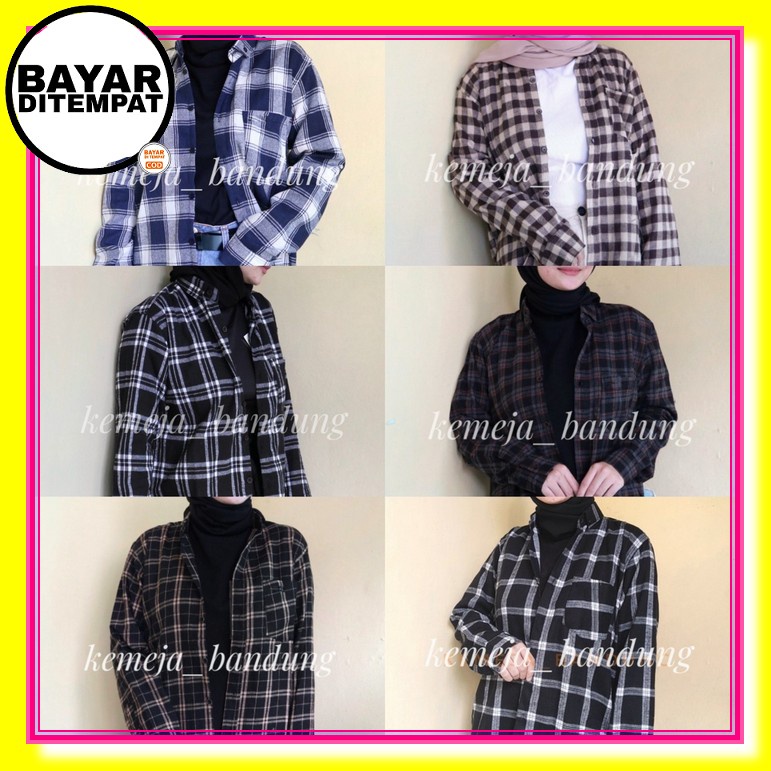 Ms Blouse Kemeja Wanita Putih Long Hem Hitam Cewek Baju Formal Casual Model Korea Kombinasi Kotak Da