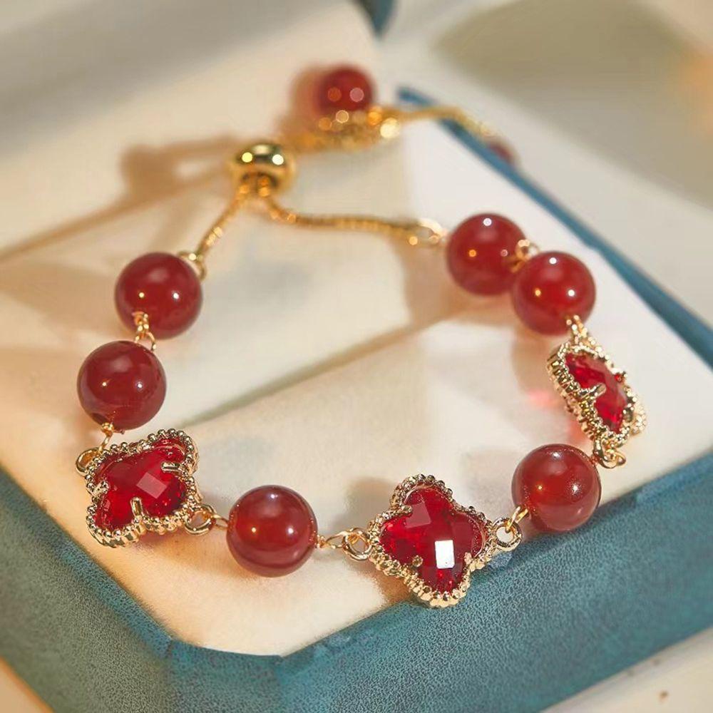 REBUY Rebuy Imitasi Giok Gelang Kreatif Pesona Hadiah Kekasih Manik Bulat Clover Tangan Rantai