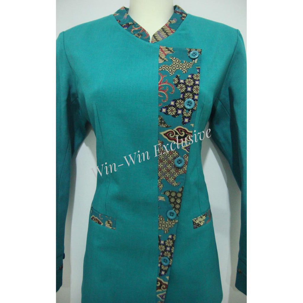 Setelan Blazer Kerja Kantor Wanita Kombinasi Batik Hijau Toska Best Quality