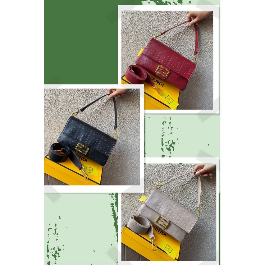 Tas Selempang F*endi Baguette Emboss Leather Wanita Perempuan Cewek Cewe Sling Bahu Shoulder Bag Bra