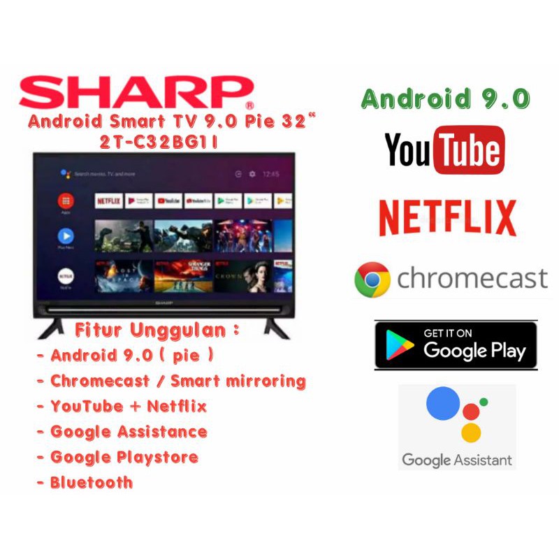 TV LED Sharp 32 Smart Android 9.0 HD usb movie free ongkir seKebumen