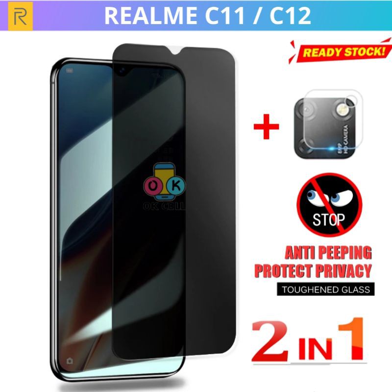 2IN1 - Tempered Glass Spy Privacy Realme C11.C12 TG Anti Gores Full Layar Kamera Screen Protector