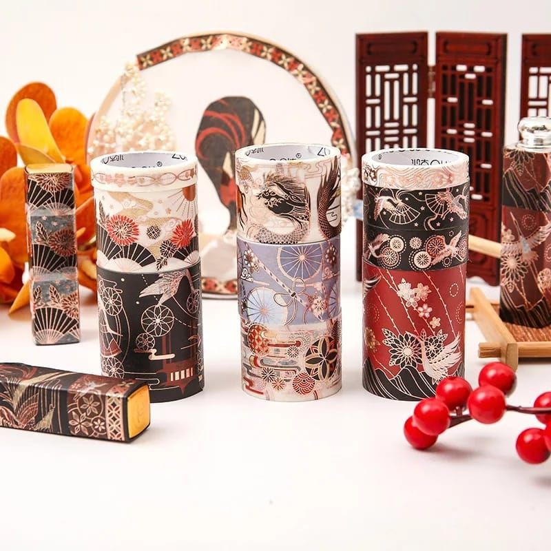 BayLuna W18 5pcs/set Classic Washitape Motif Jepang China Ancient Flaminggo Art Style Gold Silver Masking tape