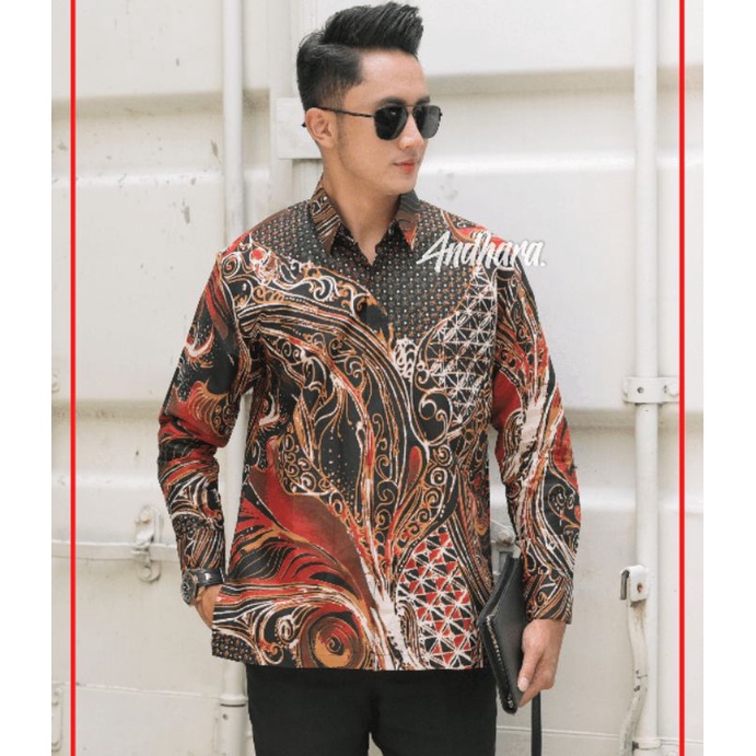 Baju Batik Pria Lengan Panjang Slimfit Kasual Premium Modern ABS MERAH