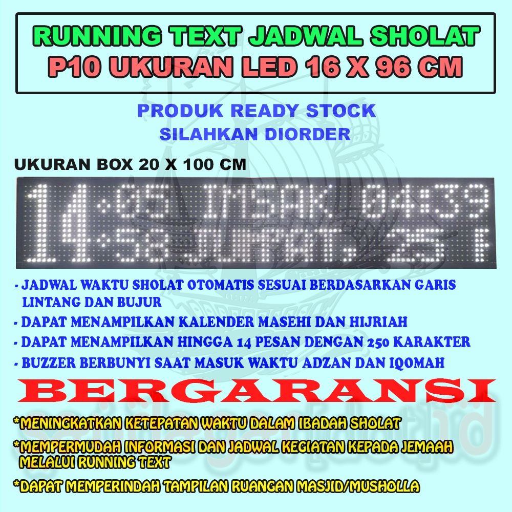 RUNNING TEXT JWS JADWAL SHALAT P10 MERAH HIJAU PUTIH 16X96 PIXEL