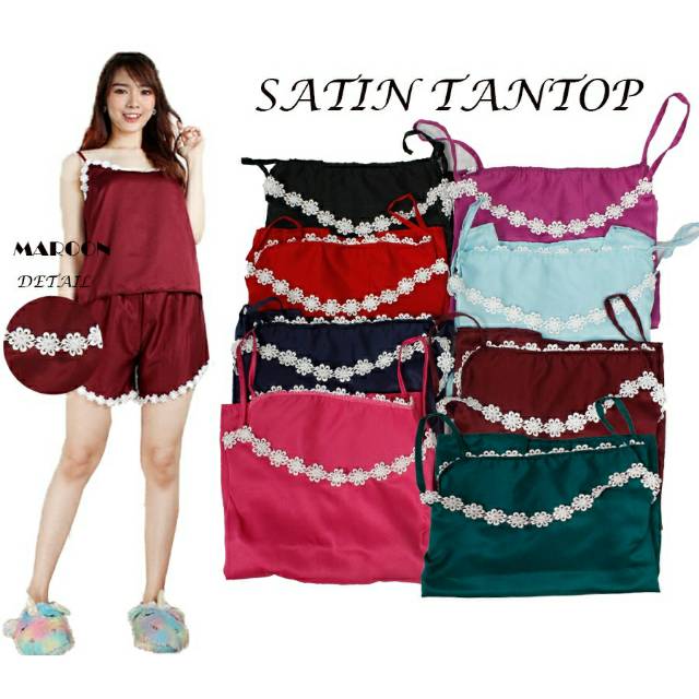Set Tanktop Satin Bunga - Tank Top Flower - Baju Tidur - Piyama Wanitaq