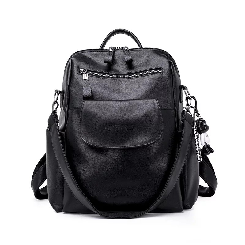 Tas Wanita Multifungsi Ransel Hitam Pu Kulit Tas Bahu Klasik Hitam Tas Sekolah untuk Gadis Remaja