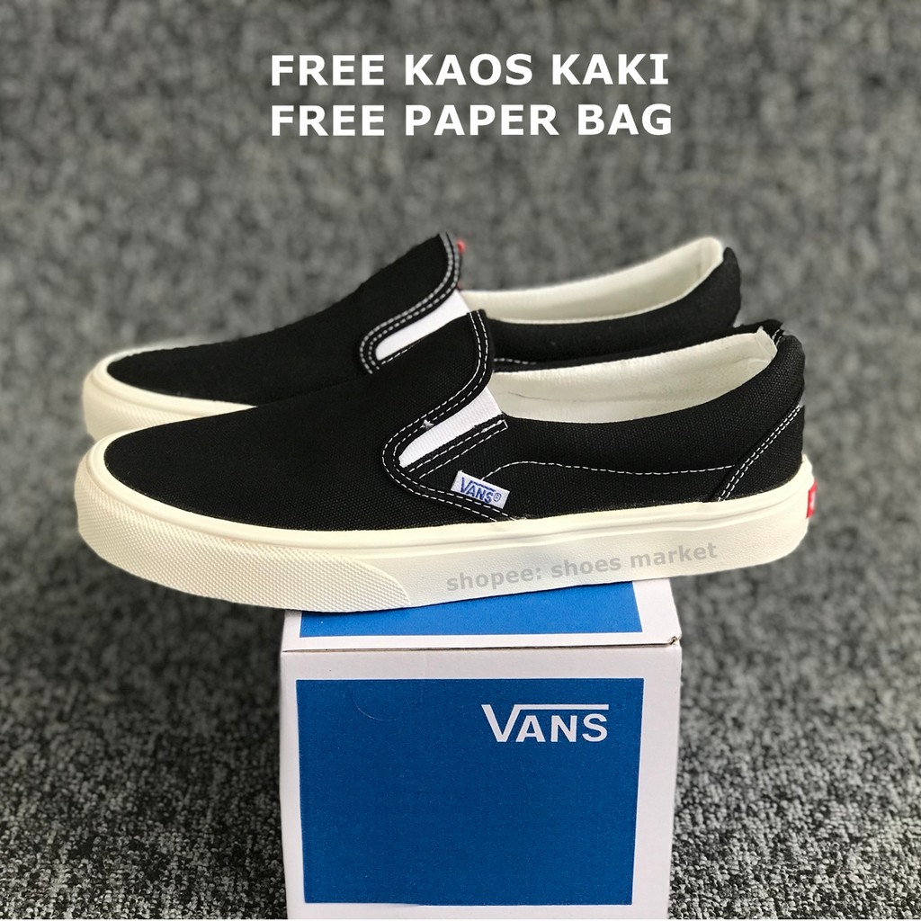 VANS SLIP ON OG BLACK WHITE WAFFLE DT BOX BIRU