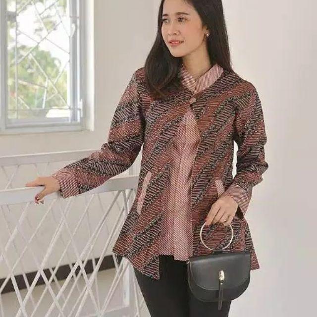 Blus Cardi katun murah halus batik lawasan lengan panjang atasan baju batik ABG remaja putri cewek cewe modis keren tradisional unik etnik kancing depan seragam seragaman kembaran kantor kerja wanita-A