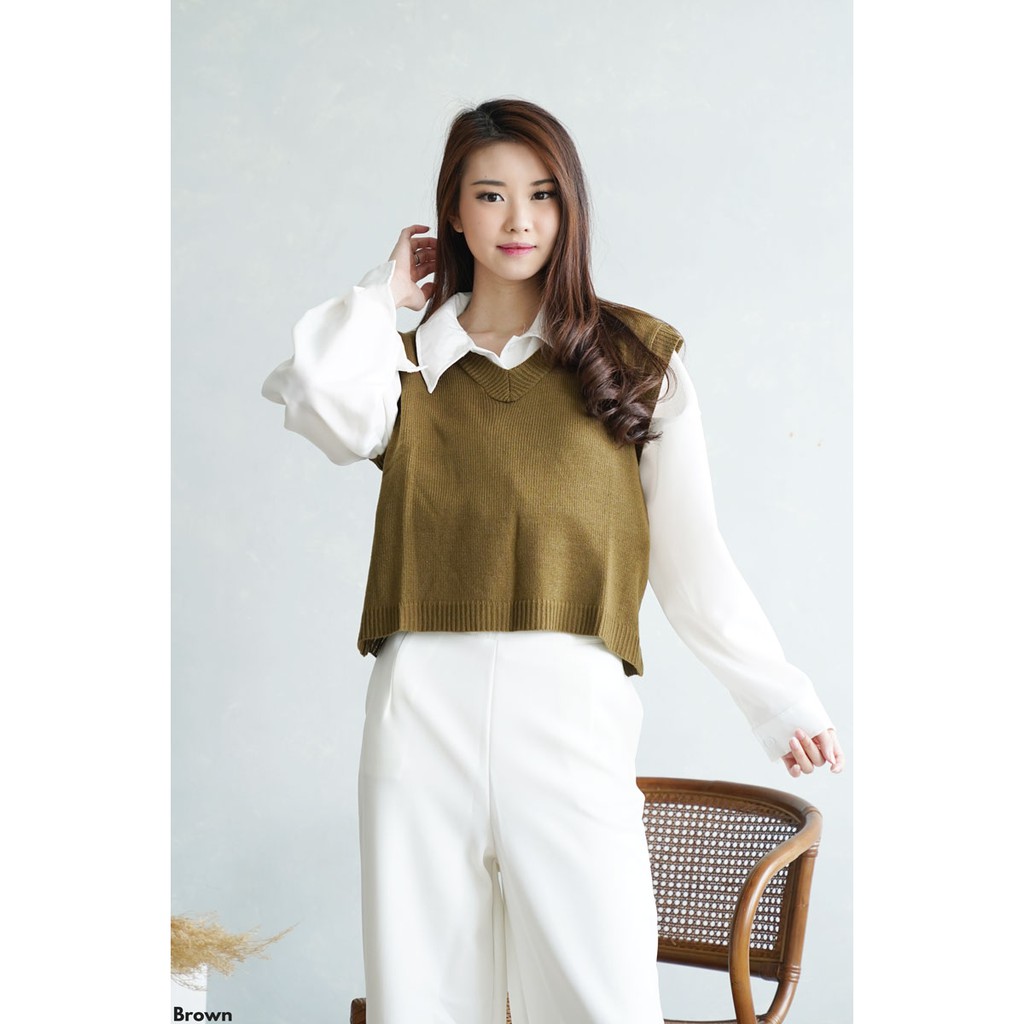 V-neck Knit Vest Rompi Rajut Wanita