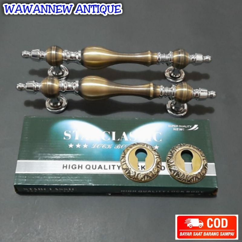 Handle Pintu / Gagang Pintu Rumah Kuningan + 1Set Body Kunci Motif Teratai