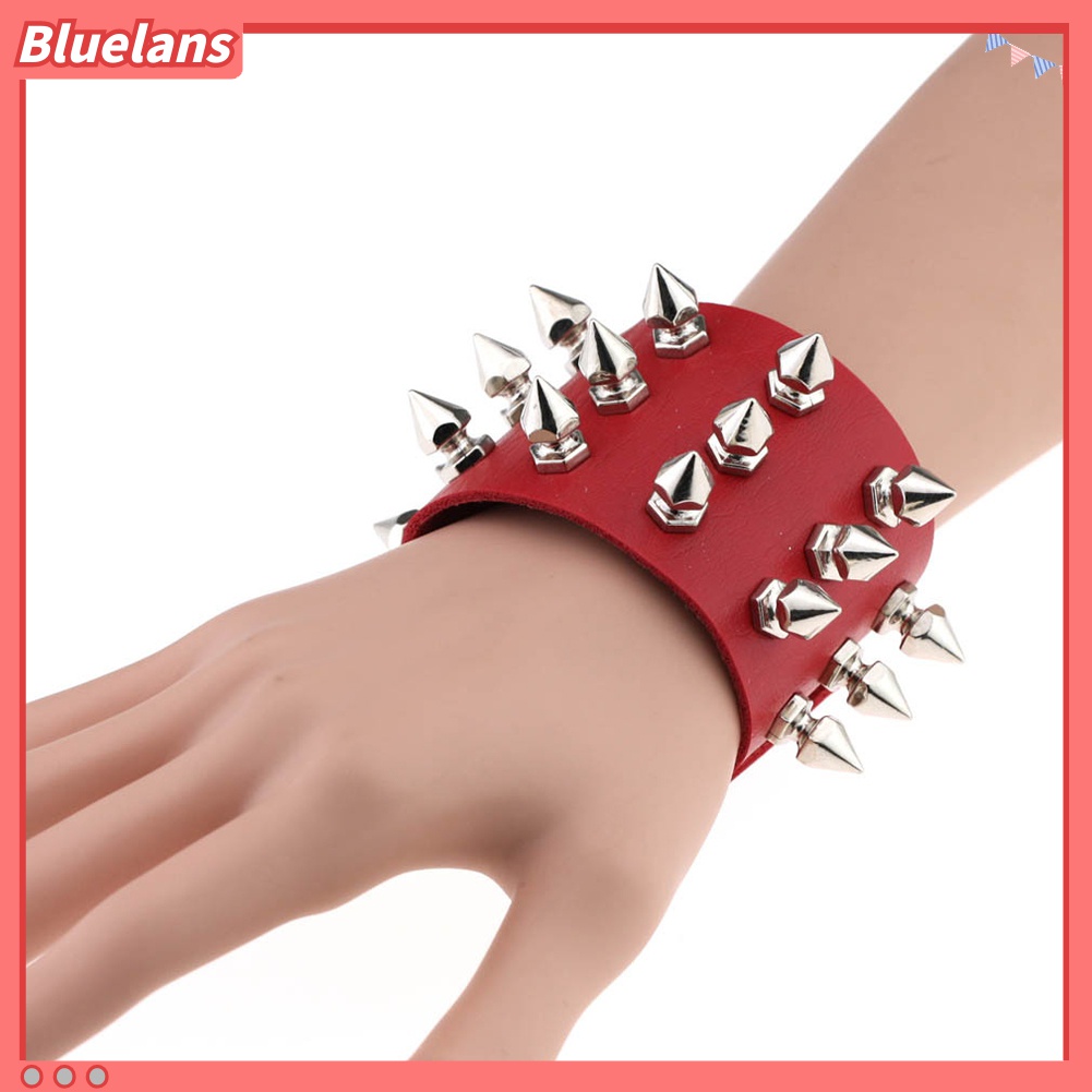 Bluelans Gelang Tangan Kulit Imitasi Aksen Rivet Kerucut Stainless Steel Gaya Punk Untuk Wanita