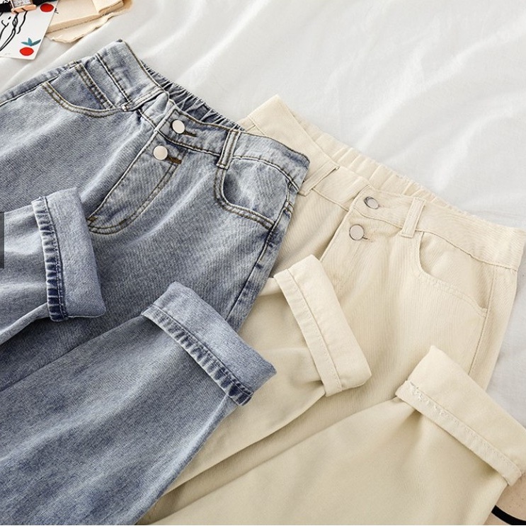 Fashion wanita gaya Korea jeans longgar warna solid kasual